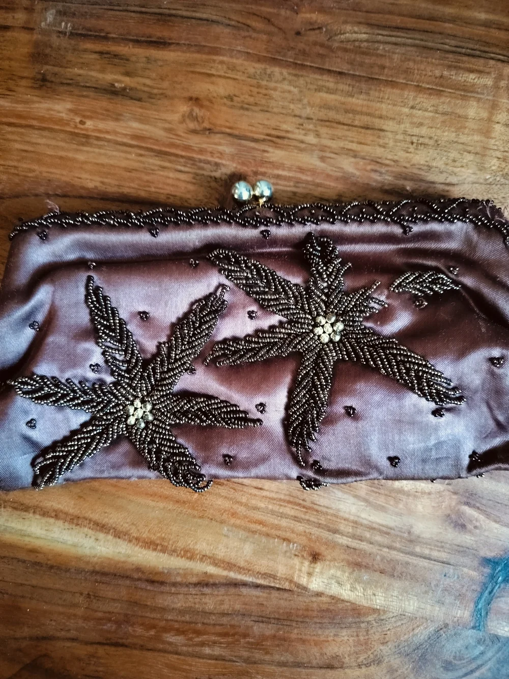 Beaded Satin Evening Clutch in Brown